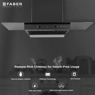 FABER HOOD MERCURY PRO IN HC SC BK FL 90 Auto Clean Straight Glass | Touch & Gesture Control | Autoclean| Powerful Suction |Filterless Technology| Low Noise Wall Mounted Black 1200 CMH Chimney