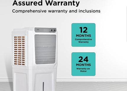Black+Decker Evaporative Air Cooler Remo 55L Air Throw 26 ft With Lockable Rear wheel Antibacterial Honeycomb pads Inverter compatible 105 Watts 230 V AC White and Grey | Size Medium