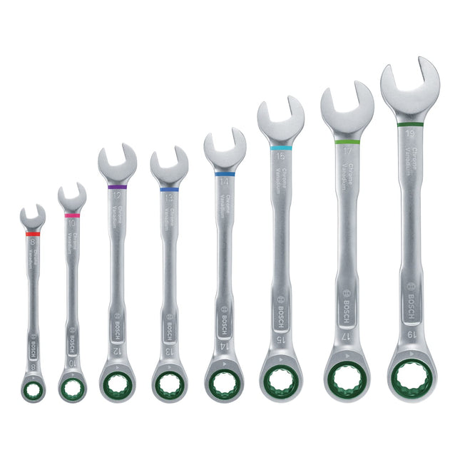 MODEL- RACHET COMBINATION WRINCH SET 08 PIECES, 72 TEETH 5 DEGREE WORKING ANGLE SIZE-8MM TO 19 MM BOSCH