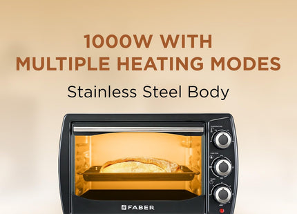 Faber 20 liter 1400 Watts OTG|Bake, Toast, Grill|4 Stage Functions, Upper & Lower Heating|Cool-Touch Handle, Heat Resistant Glass, Indicator Light, Auto-Shut, Ready Bell|Removable Crumb Tray|(Black)