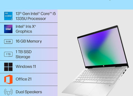 HP Pavilion x360, 13th Gen Intel Core i5-1335U, 14-inch (35.6 cm), FHD, Touchscreen, 16GB DDR4, 1TB SSD, FPR, 5 MP Camera, Backlit KB, Audio by B&O, Pen (Win 11, MSO 2021, Silver, 1.51 kg), ek1010TU