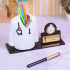 Deskart Doctor Pen Stand | Customized Desk Organizer for Doctors and Medical Aspirants with Apron/Coat Shape Pencil Holder, Clock and Personalized Name Engraved Plate (Retro)