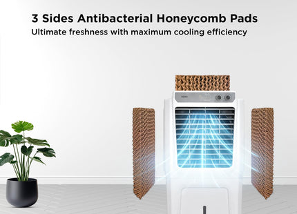 Black+Decker Evaporative Air Cooler Remo 55L Air Throw 26 ft With Lockable Rear wheel Antibacterial Honeycomb pads Inverter compatible 105 Watts 230 V AC White and Grey | Size Medium