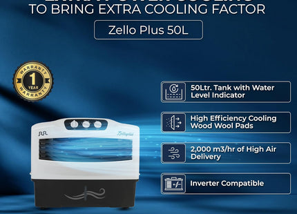 RR Zello Plus 50 Window Air Cooler | Cooler with High Air Delivery, Wood Wool Pads | Room Cooler with Inverter Compatibility| 1 year Warranty | 50L (Zello Plus)
