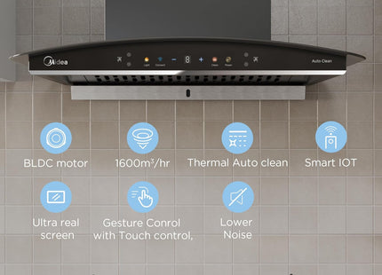 Midea 60 cm 1600 m3/hr BLDC, Filter-less, Wi-Fi enabled, intelli- Autoclean, 9 speed kitchen Chimney, Free Installation Kit (Megan Auto Clean), Black