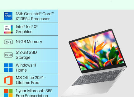 HP 15, 13th Gen Intel Core i7-1355U (16GB DDR4, 512GB SSD) Microsoft365* Office2024, Win11, 15.6inch(39.6cm) FHD Laptop, Intel Iris Xe, FHD Camera w/Privacy Shutter, Backlit, Silver, 1.59kg, fd0468tu