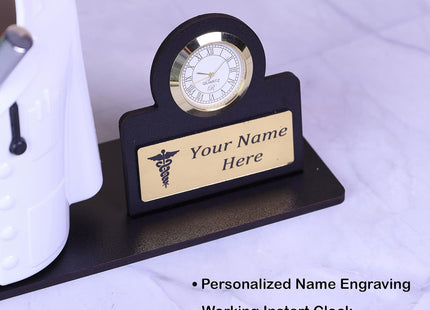 Deskart Doctor Pen Stand | Customized Desk Organizer for Doctors and Medical Aspirants with Apron/Coat Shape Pencil Holder, Clock and Personalized Name Engraved Plate (Retro)