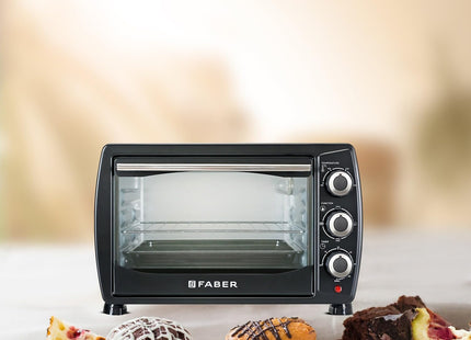 Faber 20 liter 1400 Watts OTG|Bake, Toast, Grill|4 Stage Functions, Upper & Lower Heating|Cool-Touch Handle, Heat Resistant Glass, Indicator Light, Auto-Shut, Ready Bell|Removable Crumb Tray|(Black)