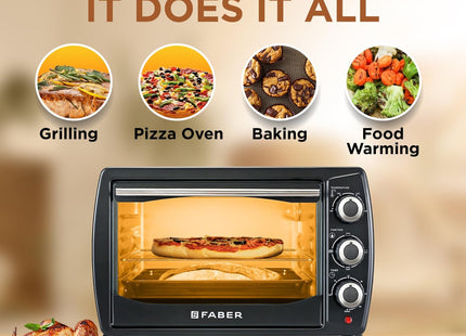 Faber 20 liter 1400 Watts OTG|Bake, Toast, Grill|4 Stage Functions, Upper & Lower Heating|Cool-Touch Handle, Heat Resistant Glass, Indicator Light, Auto-Shut, Ready Bell|Removable Crumb Tray|(Black)
