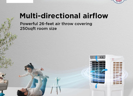 Black+Decker Evaporative Air Cooler Remo 55L Air Throw 26 ft With Lockable Rear wheel Antibacterial Honeycomb pads Inverter compatible 105 Watts 230 V AC White and Grey | Size Medium