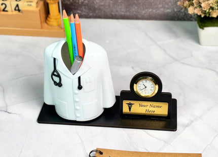 Deskart Doctor Pen Stand | Customized Desk Organizer for Doctors and Medical Aspirants with Apron/Coat Shape Pencil Holder, Clock and Personalized Name Engraved Plate (Retro)