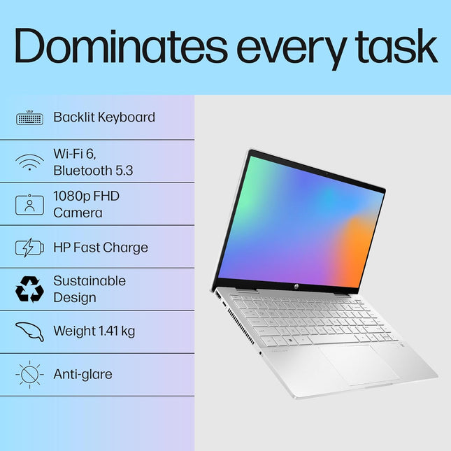 HP Pavilion x360, 13th Gen Intel Core i5-1335U, 14-inch (35.6 cm), FHD, Touchscreen, 16GB DDR4, 1TB SSD, FPR, 5 MP Camera, Backlit KB, Audio by B&O, Pen (Win 11, MSO 2021, Silver, 1.51 kg), ek1010TU