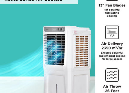 Black+Decker Evaporative Air Cooler Remo 55L Air Throw 26 ft With Lockable Rear wheel Antibacterial Honeycomb pads Inverter compatible 105 Watts 230 V AC White and Grey | Size Medium