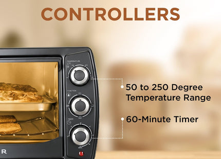 Faber 20 liter 1400 Watts OTG|Bake, Toast, Grill|4 Stage Functions, Upper & Lower Heating|Cool-Touch Handle, Heat Resistant Glass, Indicator Light, Auto-Shut, Ready Bell|Removable Crumb Tray|(Black)