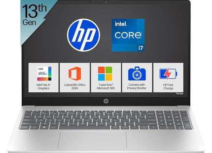 HP 15, 13th Gen Intel Core i7-1355U (16GB DDR4, 512GB SSD) Microsoft365* Office2024, Win11, 15.6inch(39.6cm) FHD Laptop, Intel Iris Xe, FHD Camera w/Privacy Shutter, Backlit, Silver, 1.59kg, fd0468tu