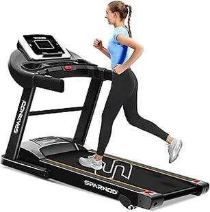 Sparnod Fitness STH-1200 Motorized Treadmill for Home Use, 4 HP Peak DC Motor, 12 km/hr Speed, 110 kg Max User Weight, 12 Preset Workouts, Manual Incline, Hi-Fi Speaker, Safety Key,Black