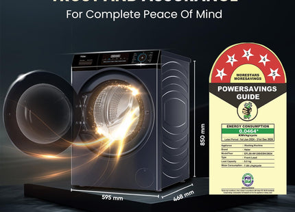 Haier 8 Kg 5 Star Powered by AI-DBT with PuriSteam, 525mm Super Drum Fully Automatic Front Load Washing Machine (EFL80-IM12IBIEBK, Inverter with In-Built Heater, Stainless Steel Drum, Black)