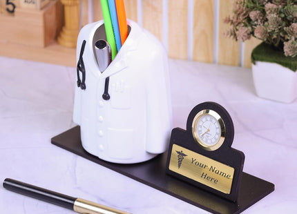 Deskart Doctor Pen Stand | Customized Desk Organizer for Doctors and Medical Aspirants with Apron/Coat Shape Pencil Holder, Clock and Personalized Name Engraved Plate (Retro)