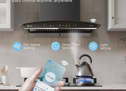Midea 60 cm 1600 m3/hr BLDC, Filter-less, Wi-Fi enabled, intelli- Autoclean, 9 speed kitchen Chimney, Free Installation Kit (Megan Auto Clean), Black