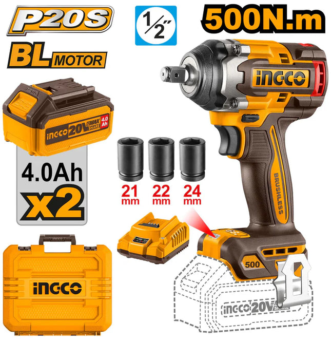 MODEL-  INGCO C1WL BRUSHLESS CORDLESS INPACT WRENCH-2050 20(TORQUE-500NM 3 SPEED BATTERY
