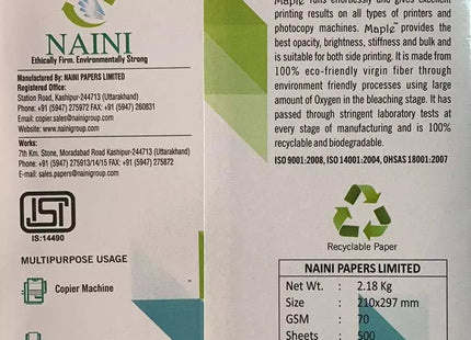Naini Maple 70 GSM A4 Size Multipurpose Copier Paper 500 Sheets, White
