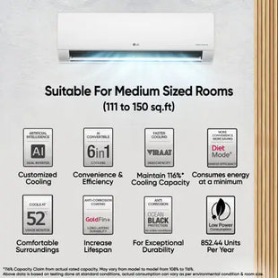 LG 2025 Model AI Convertible 6-in-1 1.5 Ton 3 Star Split AI Dual Inverter with Faster Cooling and Energy Saving, VIRAAT Mode and Diet Mode Plus AC - White  (US-Q18JNXE, Copper Condenser)