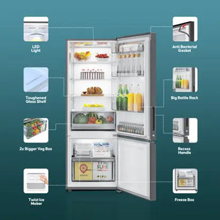 Haier 325 L Frost Free Double Door 3 Star Convertible Refrigerator with 3-Star 14 In 1 Convertible Modes, 1 Hour Icing Technology, Digital Control Panel  (Dazzle Steel, HEB-333DS-P)